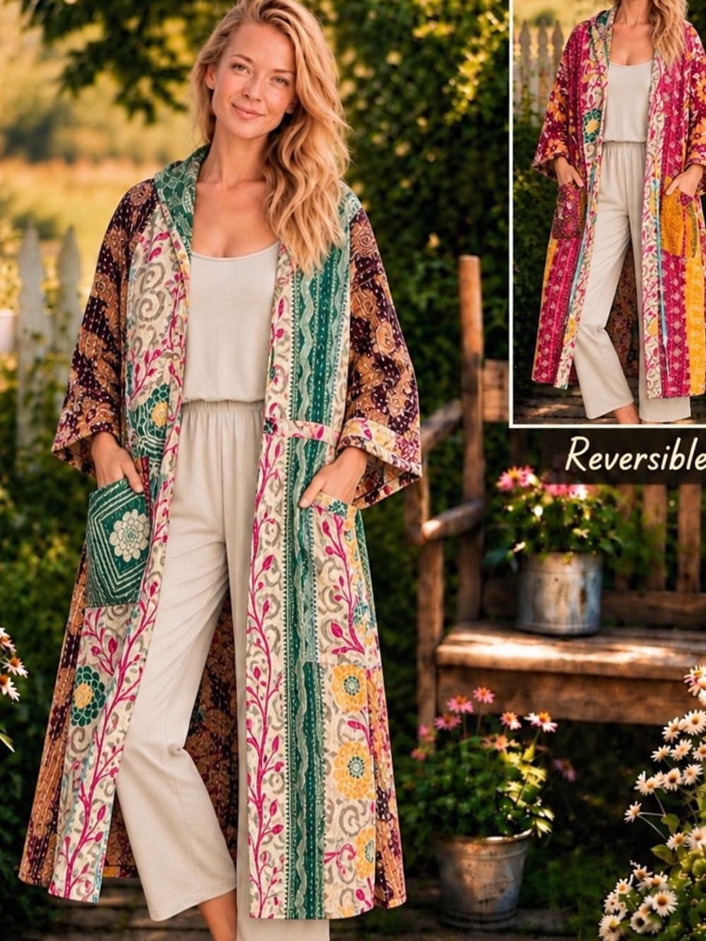 The Fashioniva Reversible Kantha Coat / Hooded Kimono – OS